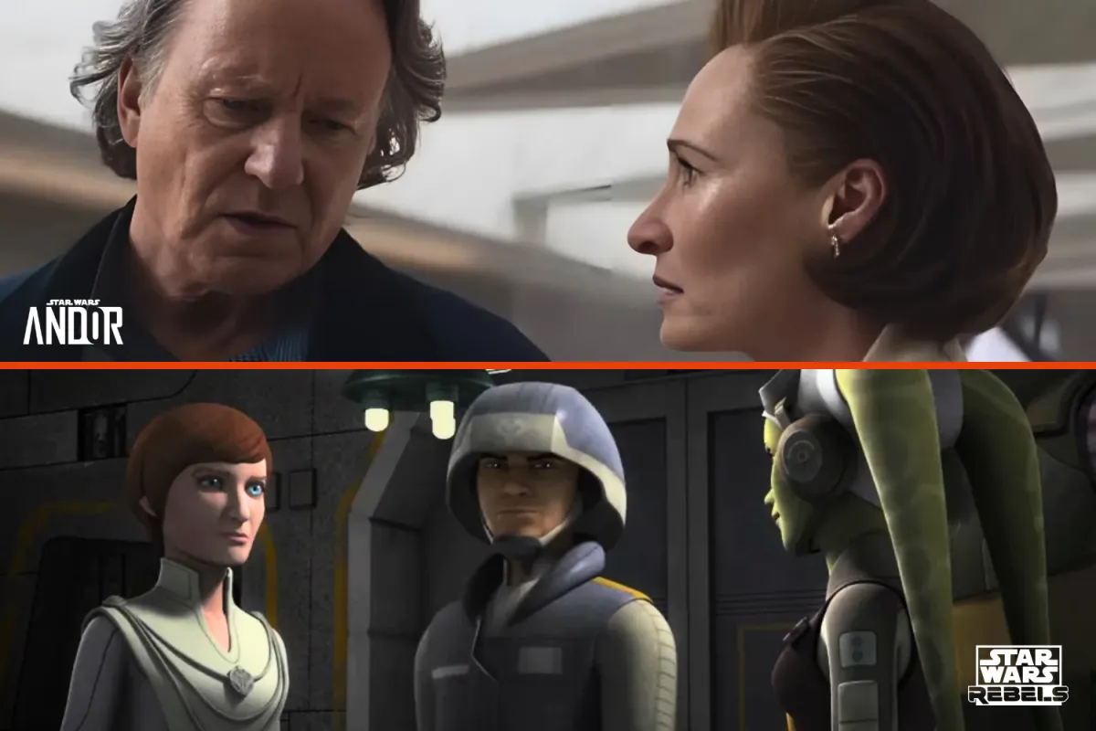 Split-screen of Mon Mothma’s secretive meeting with Luthen Rael in Andor and her collaboration with Hera Syndulla in Star Wars Rebels.