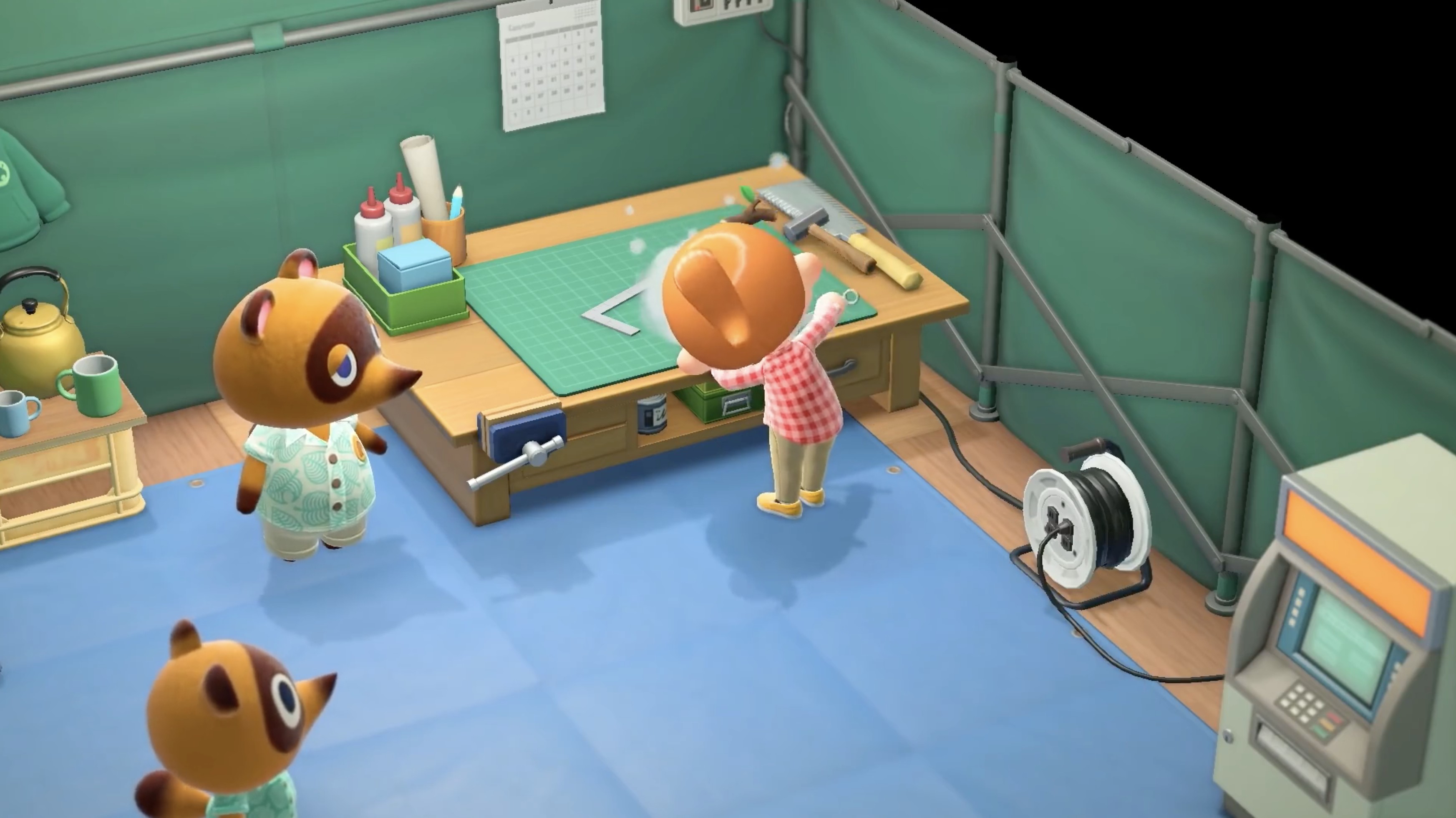 Screenshot Animal Crossing New Horizons Switch 2 Edition, atelier de bricolage avec Tom Nook, création d’objets et personnalisation de l’île