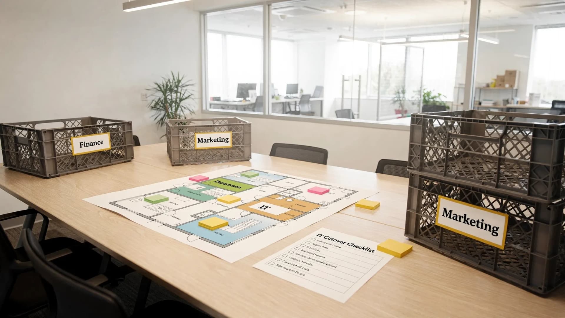 A commercial office relocation planning scene with a printed floor plan on a conference table, color-coded labels, a checklist for IT cutover, and a few packed moving crates staged by department.