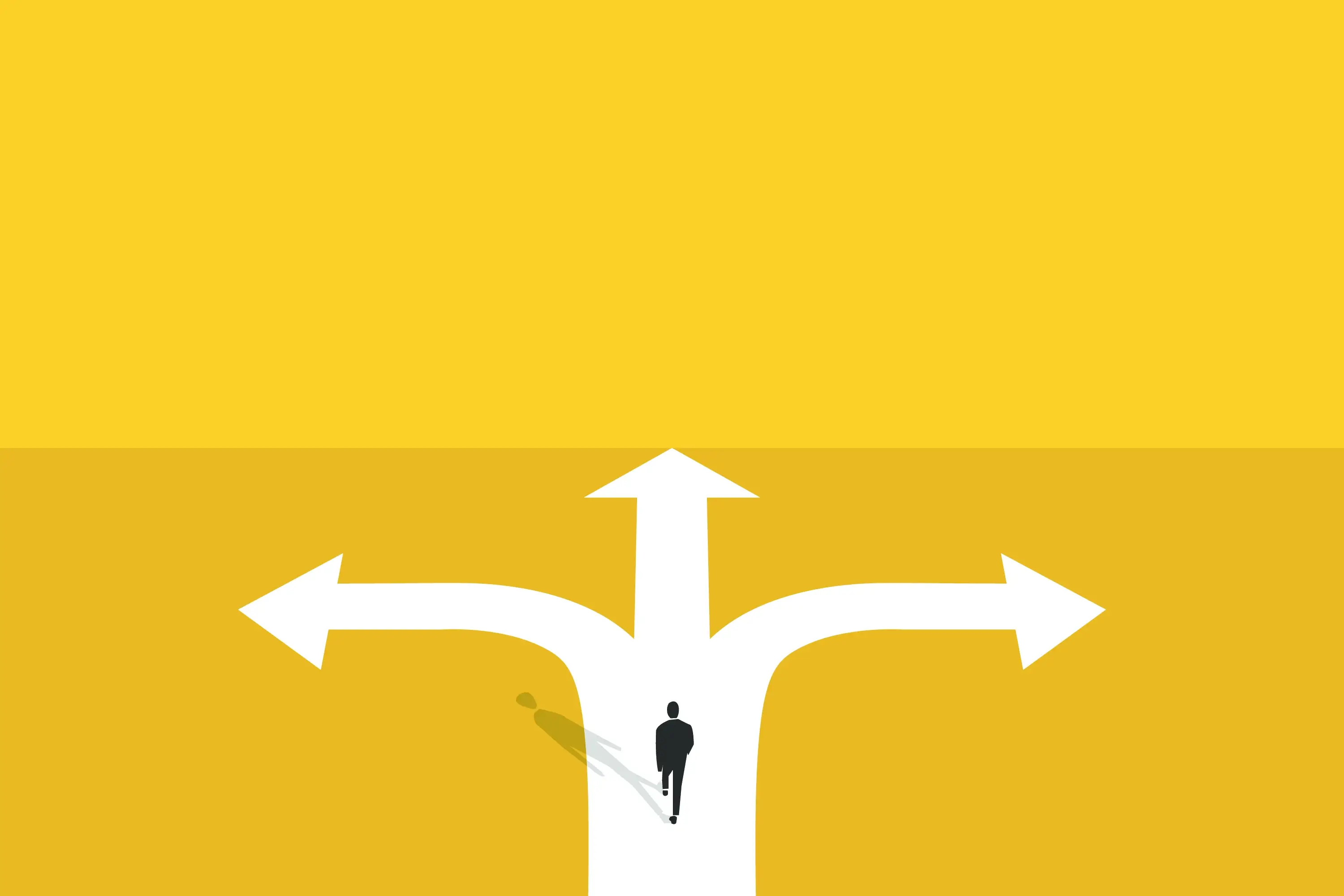 man walking into yellow simplified desert landscape he has 3 different paths ahead to choose from