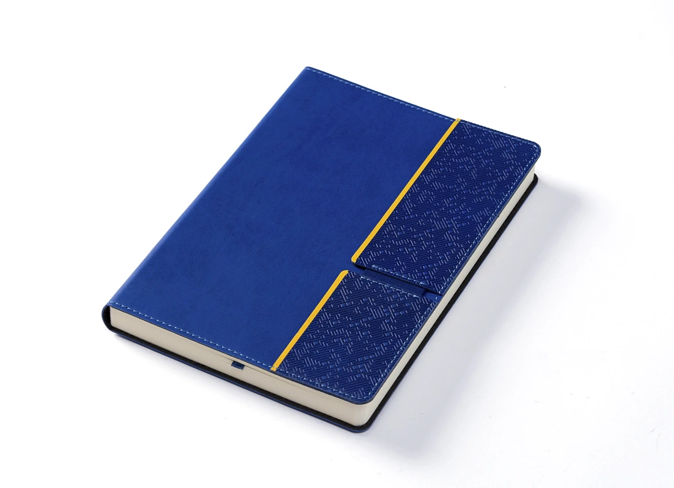 Angled view of blue notebook showing smooth and textured surface contrast.