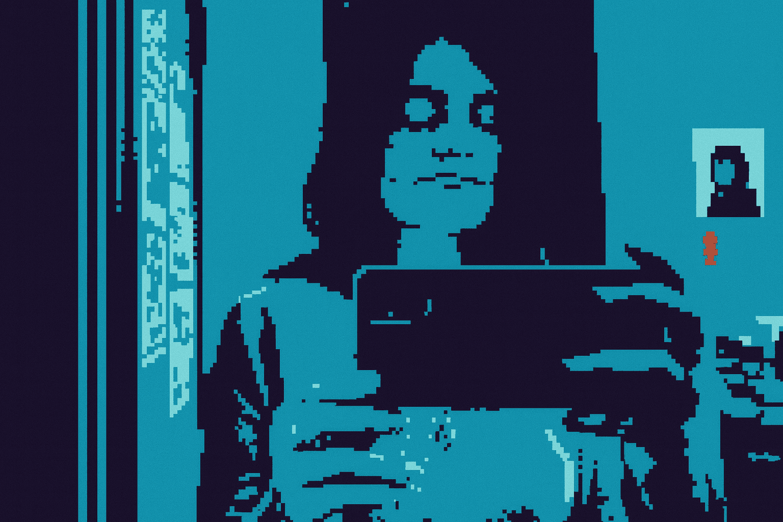A person takes a selfie, their face illuminated with blue tones, reflecting a modern digital aesthetic.