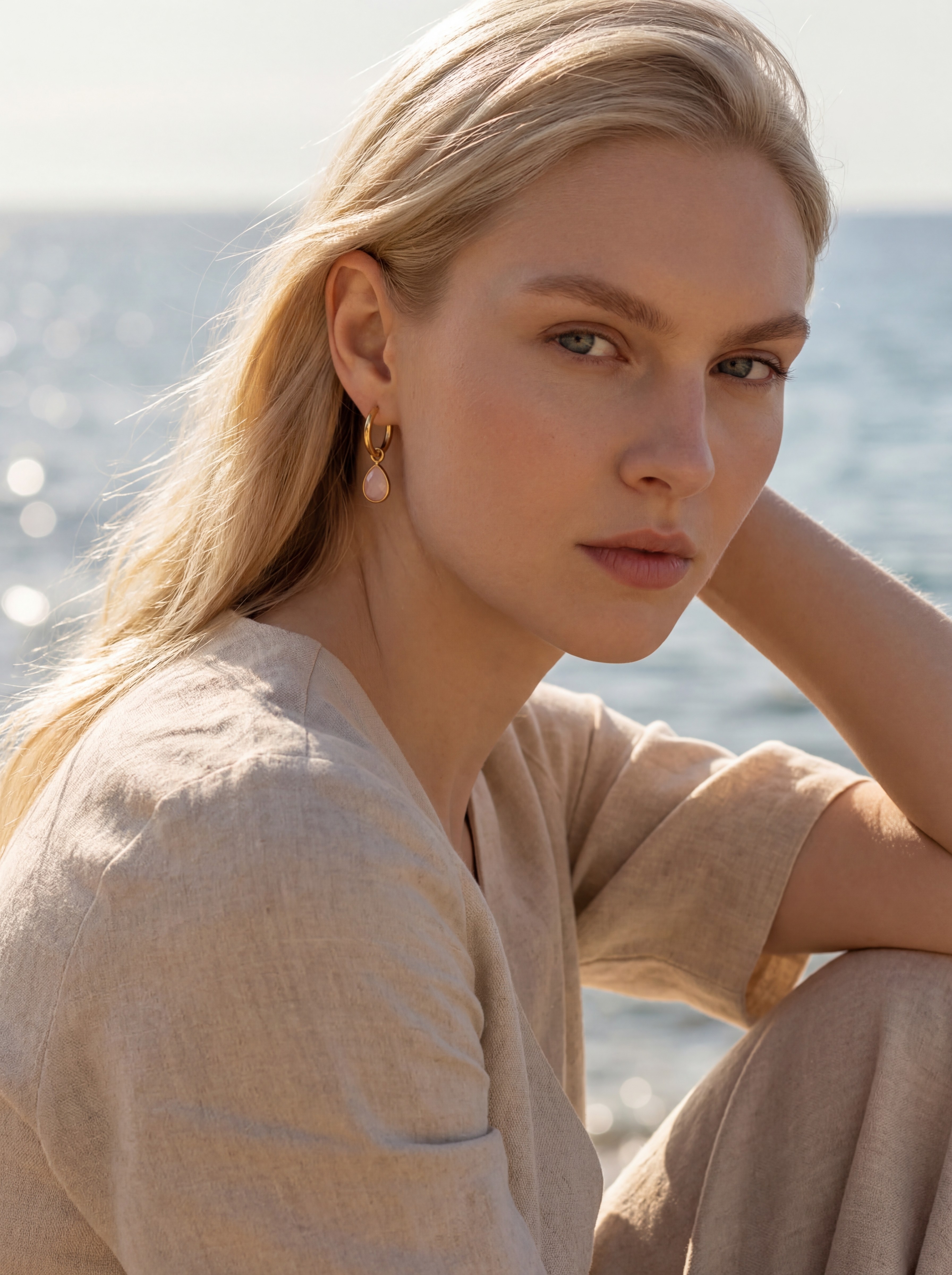 Sofia Müller AI model wearing gold hoop earring, coastal daylight editorial, relaxed luxury campaign, Gemzy AI jewelry studio