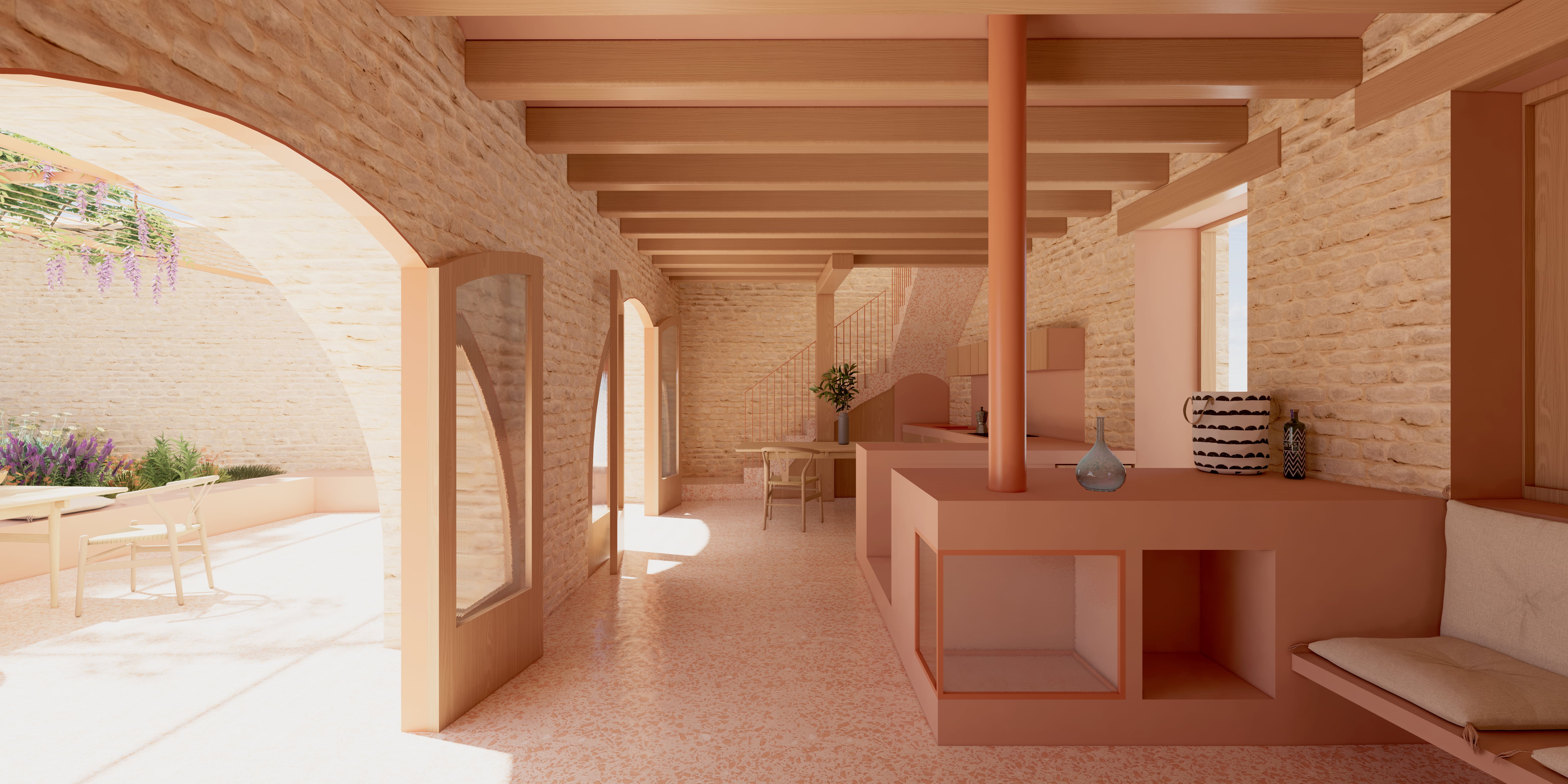 Imagen de la reforma interior de la masia, con materiales naturales que se integran con la obra original de piedra