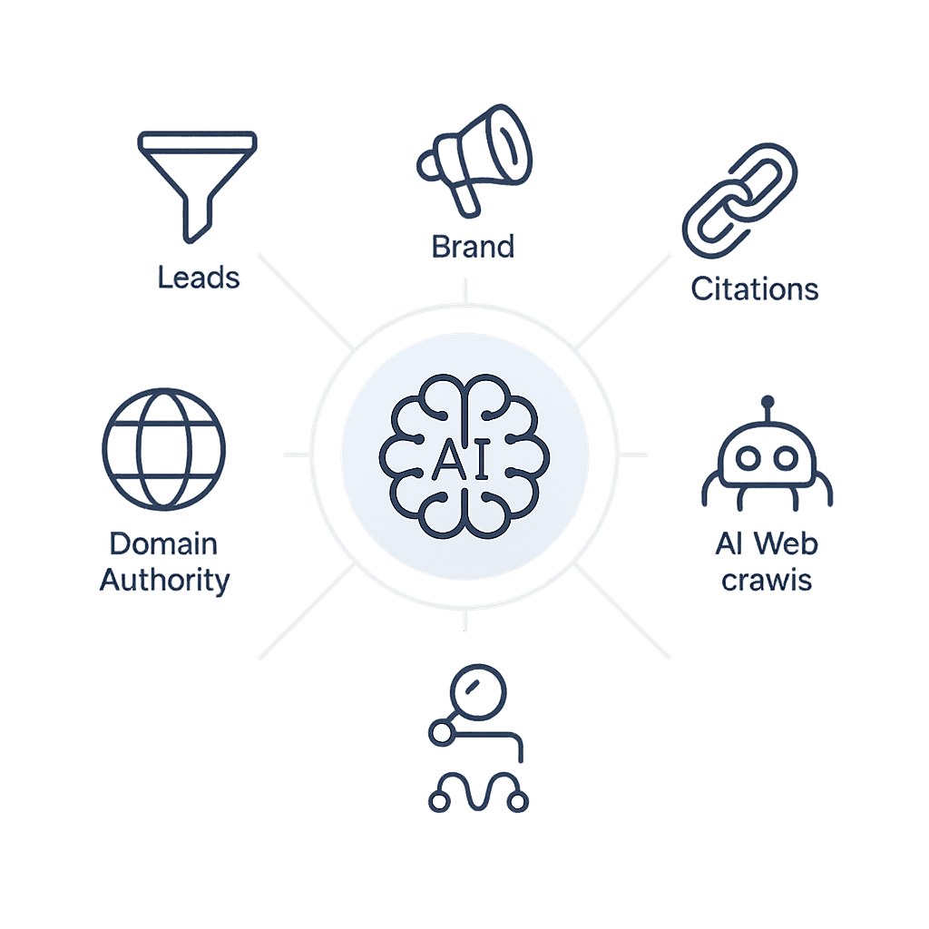 Diagram of GEO evaluation metrics including leads, brand visibility, citations, domain authority, and AI crawls
