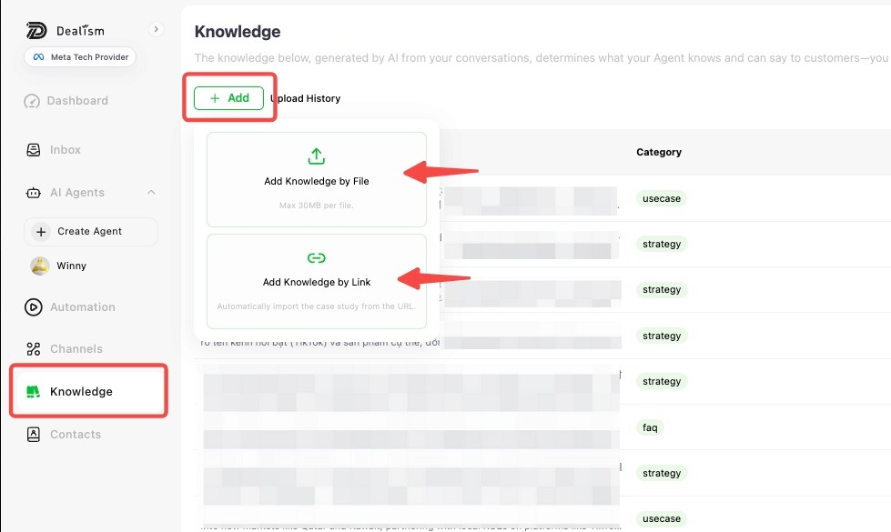 Dealism Knowledge page with Add Knowledge by File and Add Knowledge by Link options