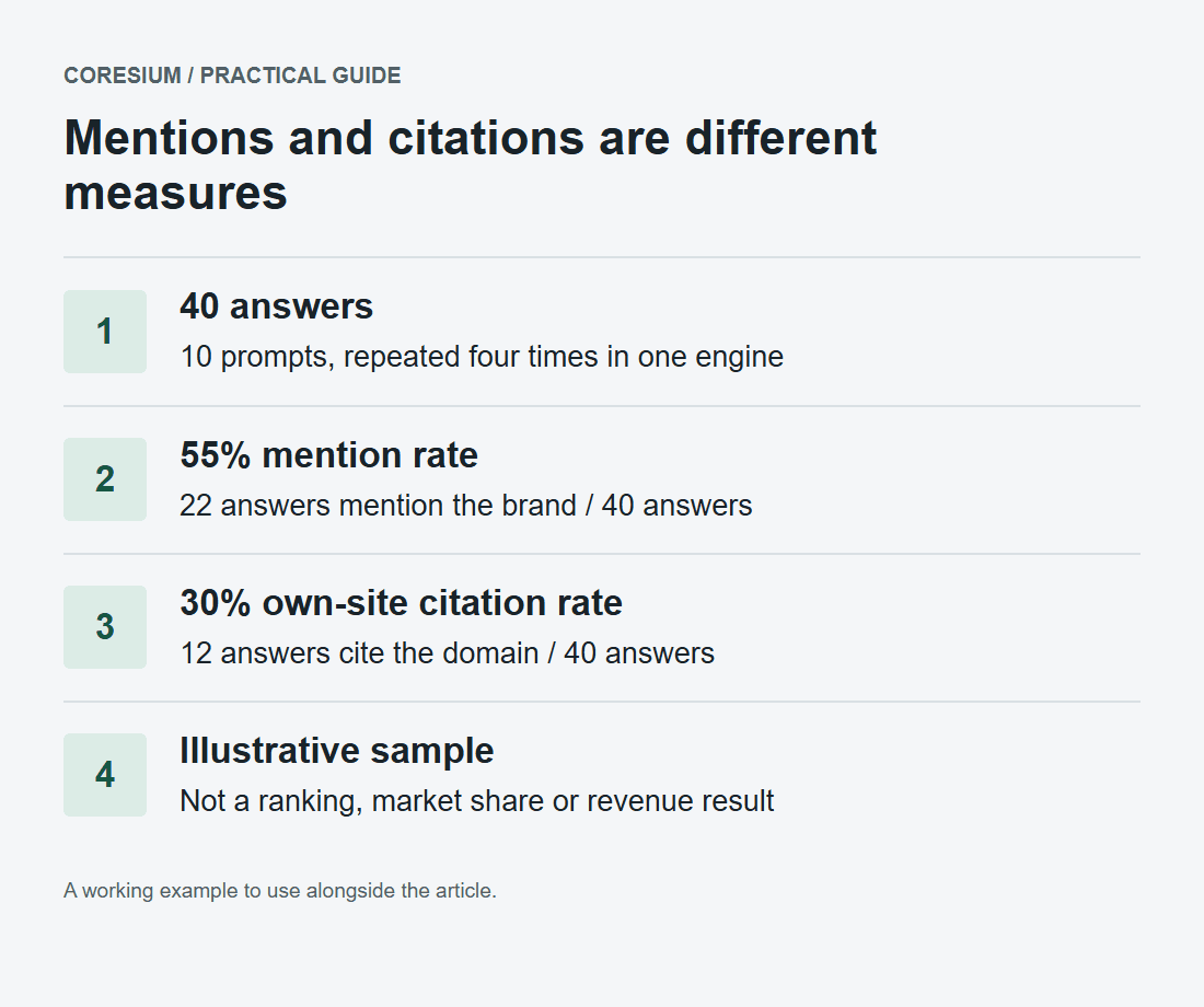 Illustrative AI visibility example: 40 successful answers, 22 brand mentions give 55 percent mention rate, and 12 own-site citations give 30 percent citation rate.