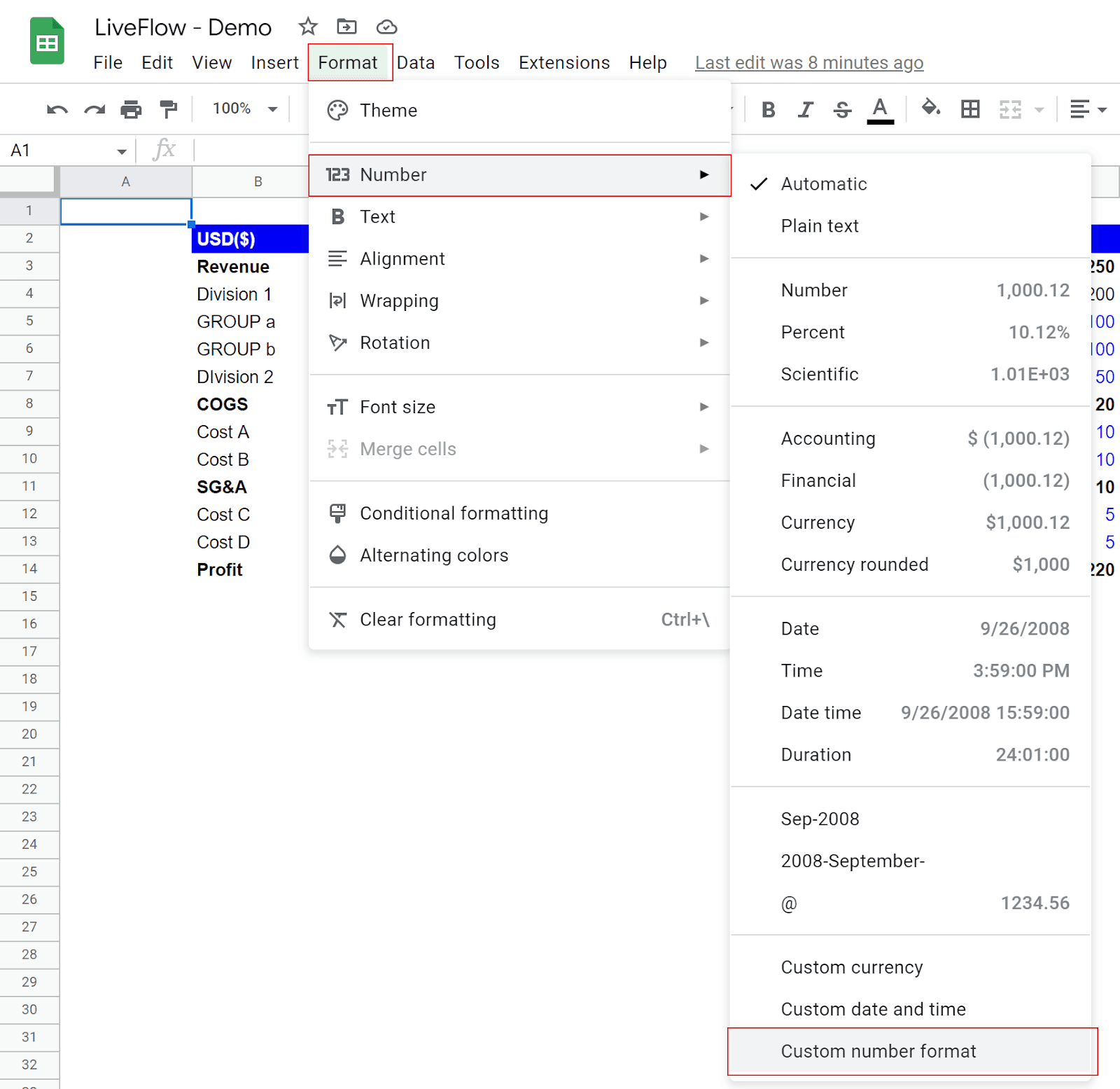 Open the  “Custom number format” window