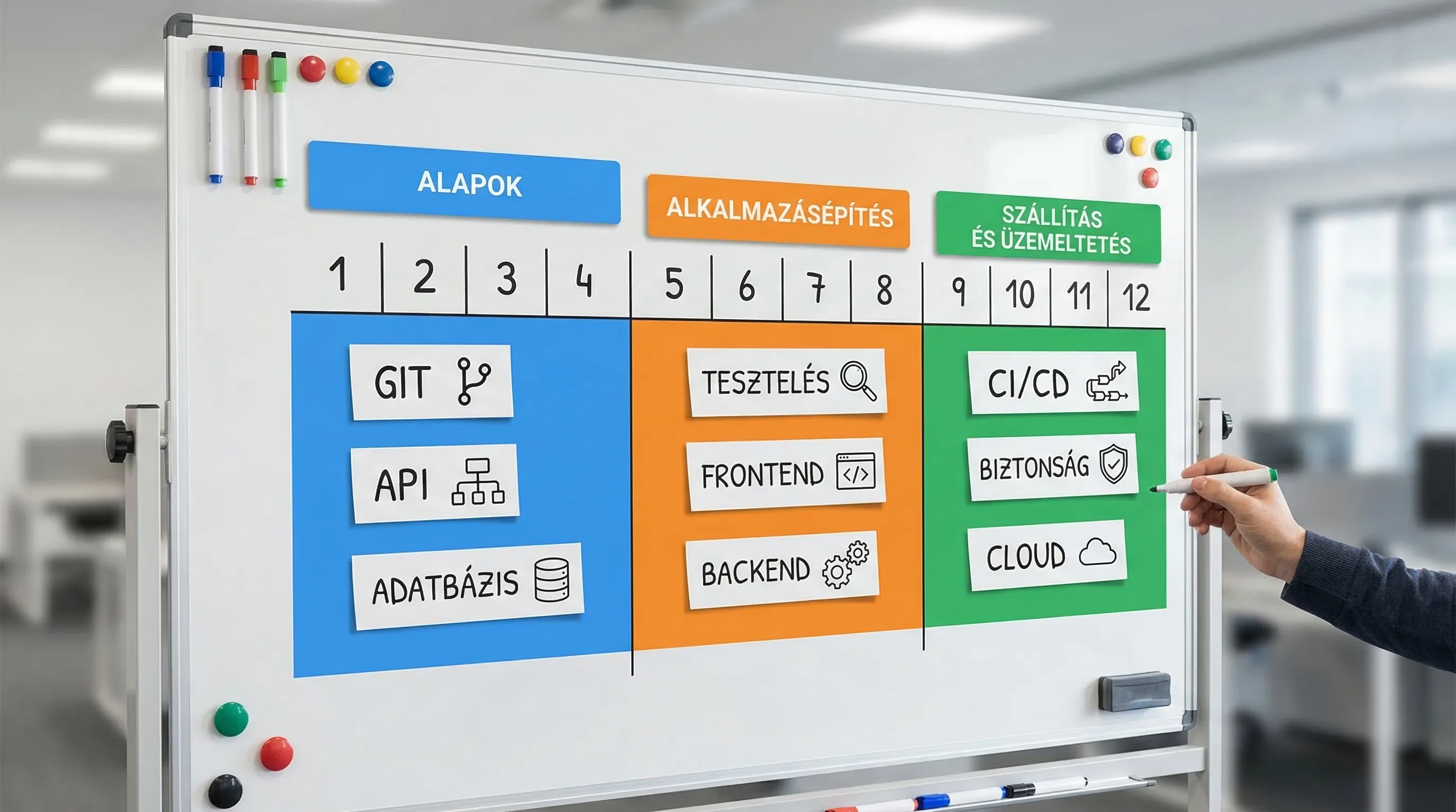 A simple visual overview of a 12-week schedule: 12 weeks organized into columns, color-coded into 3 phases (fundamentals, application development, deployment and operations), with 3–4 key topics represented by icons in each phase: Git, API, database, testing, CI/CD, security.
