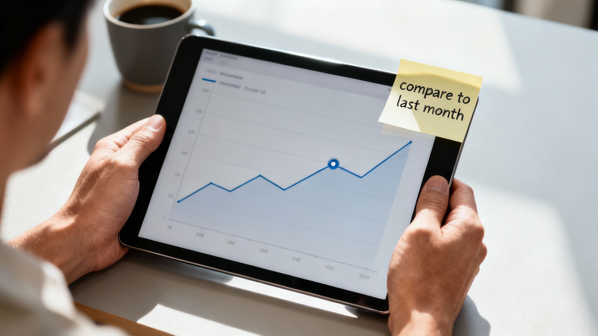 A hand holding a smartphone showing a colorful bar graph with upward trends, symbolizing performance benchmarking.