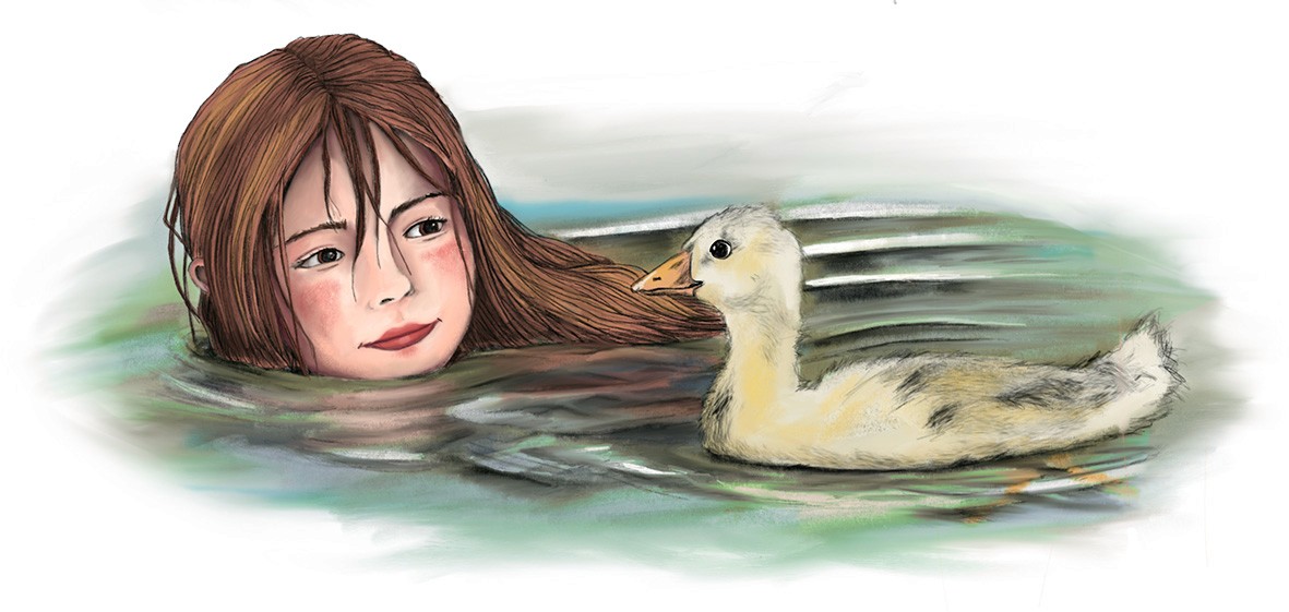 ein Mädchen schwimmt mit einer Gans