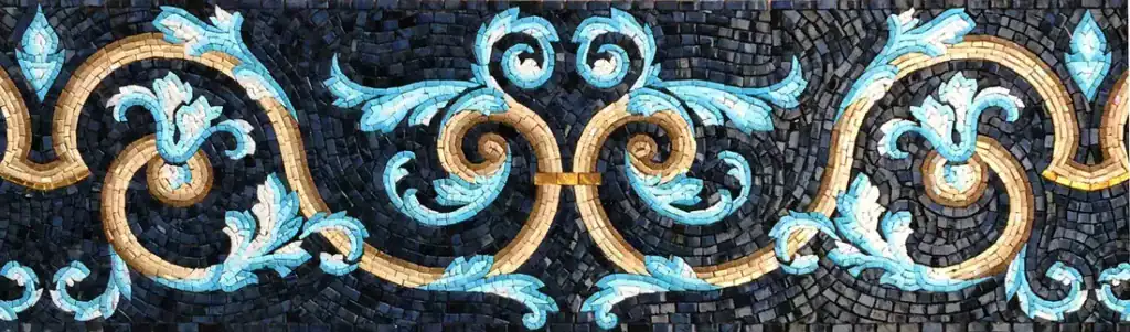 Acanthus Scroll mosaic border, Gold and turquoise on black, hand-cut — reference H-17, Mosaiclegs Art Studio