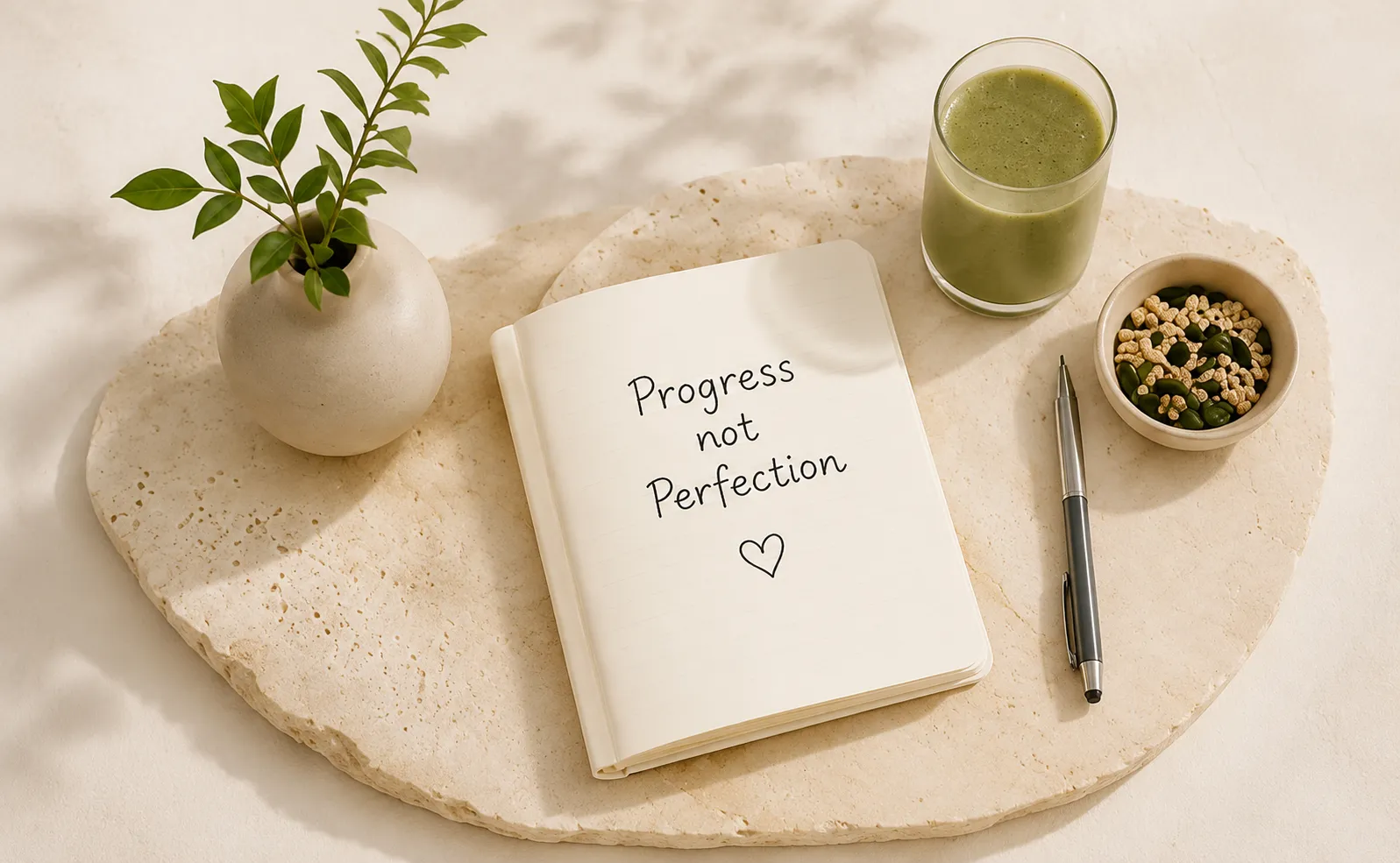 Wellness journal reading ‘Progress not Perfection’ beside a green smoothie