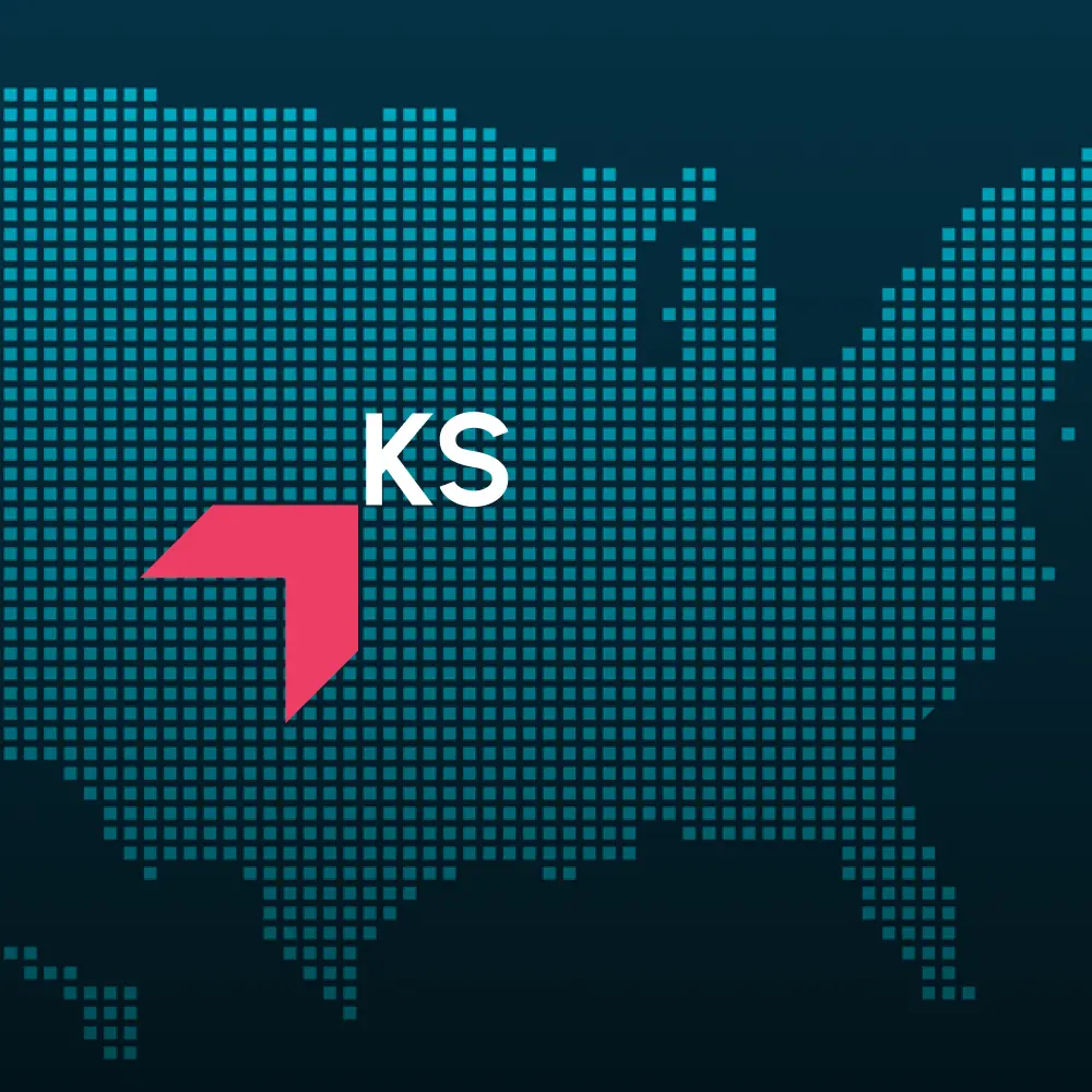 Map highlighting Kansas with a red arrow, representing GIA Group, LLC truck insurance coverage area.