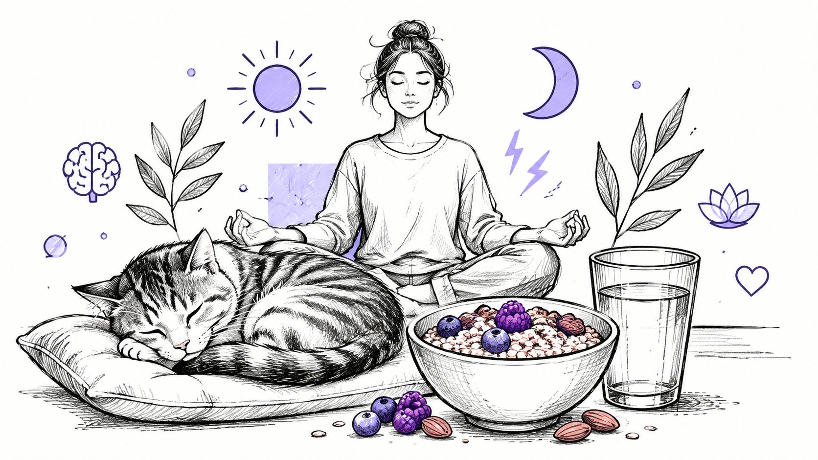 A woman meditating peacefully next to her sleeping cat with a healthy breakfast bowl and water glass.