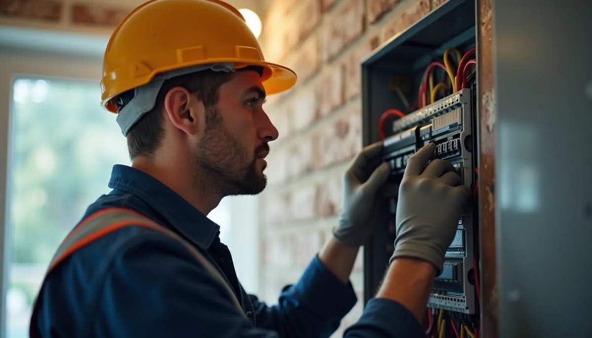 A skilled electrician wearing a yellow hard hat and gloves carefully inspects a circuit breaker panel.