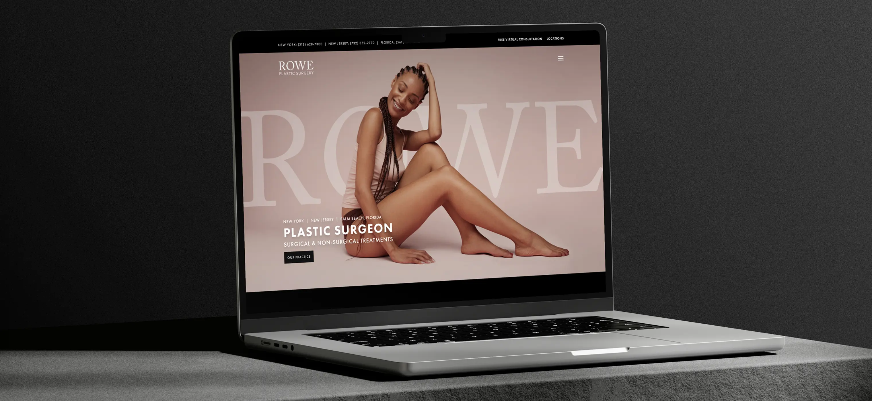 Website design for Rowe Plastic Surgery displayed on a laptop — editorial layout with bold typography and a portrait of a model
