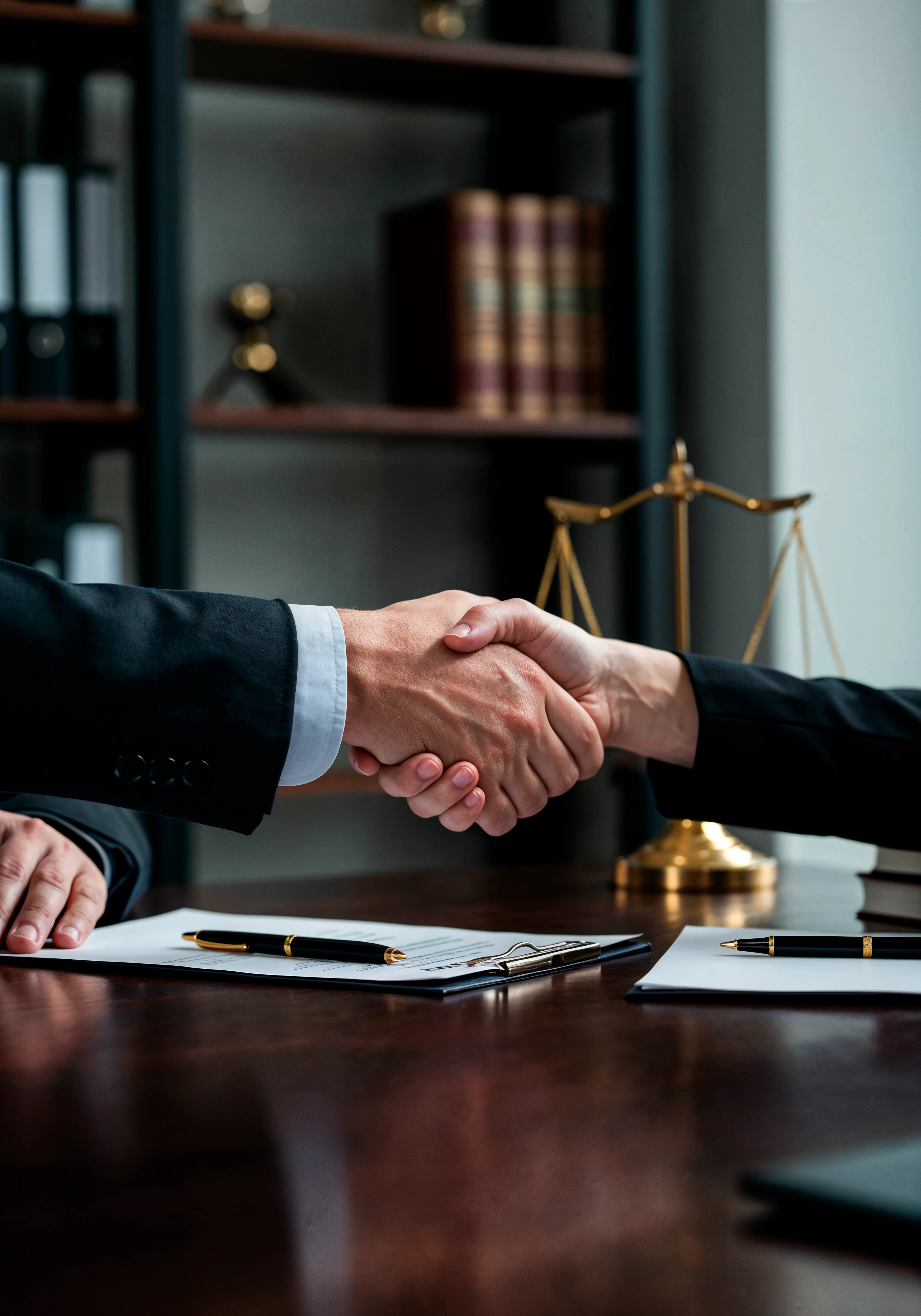 Two people in business attire shake hands over a desk with documents and pens. In the background, a scale of justice signifies a legal or business agreement.