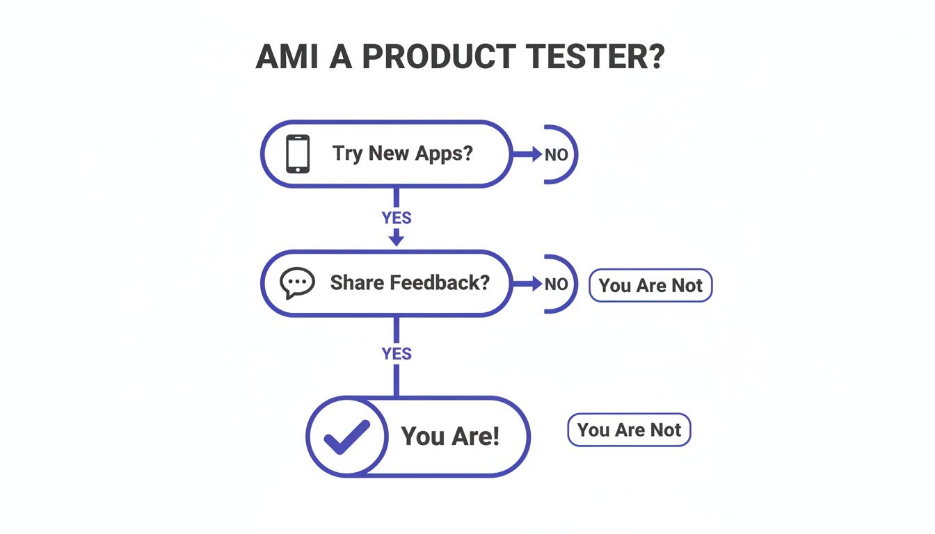 A flowchart titled 'Am I a Product Tester?' guiding users based on trying new apps and sharing feedback.