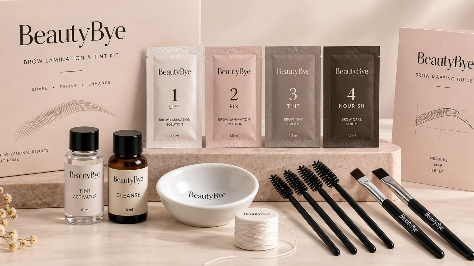 BeautyBye brow tint, lamination sachets and professional brow tools in a neutral studio set