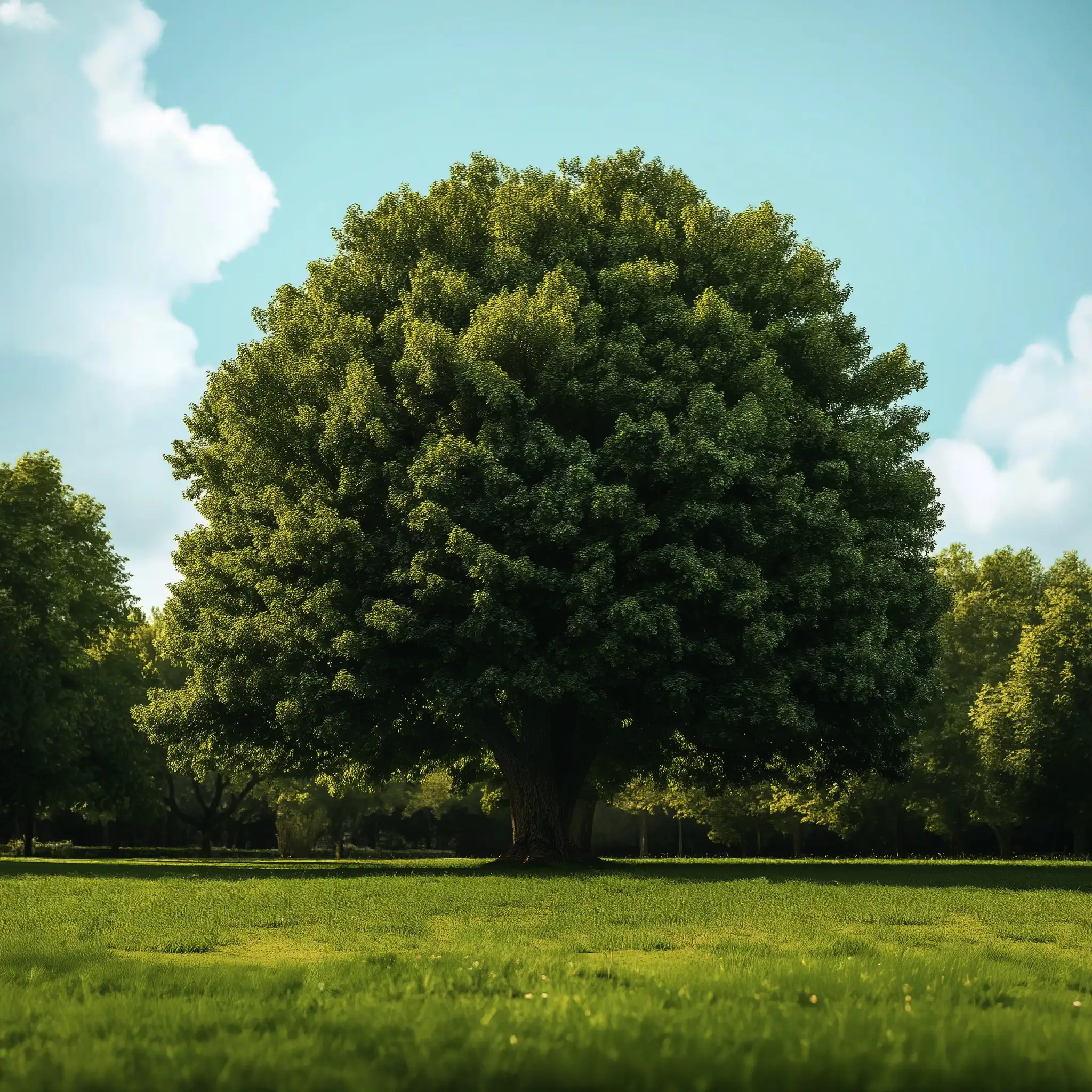 Large, lush tree with a full canopy stands in a vibrant green field under a partly cloudy sky.
