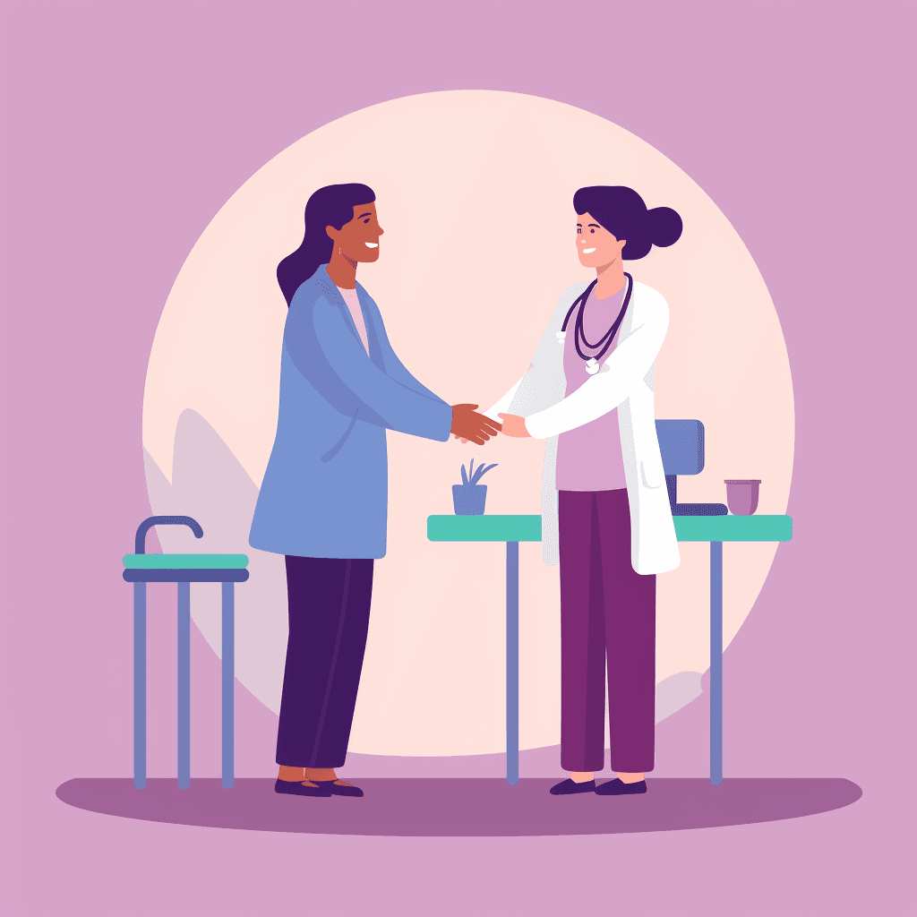 A doctor and a patient shaking hands in a medical office.