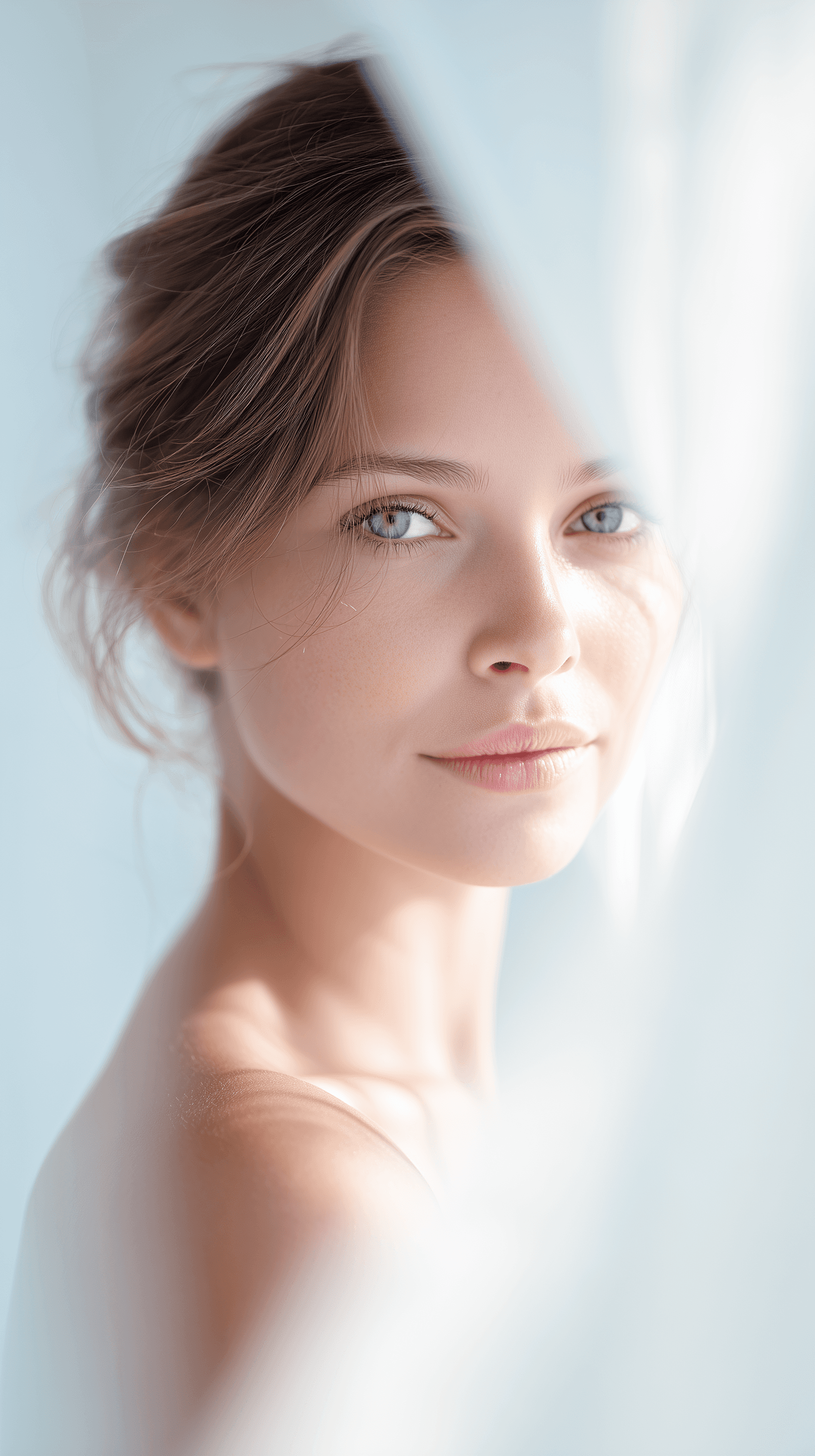 A serene portrait of a woman with soft lighting and blue eyes, partially obscured by sheer white fabric, creating an ethereal and calm atmosphere.