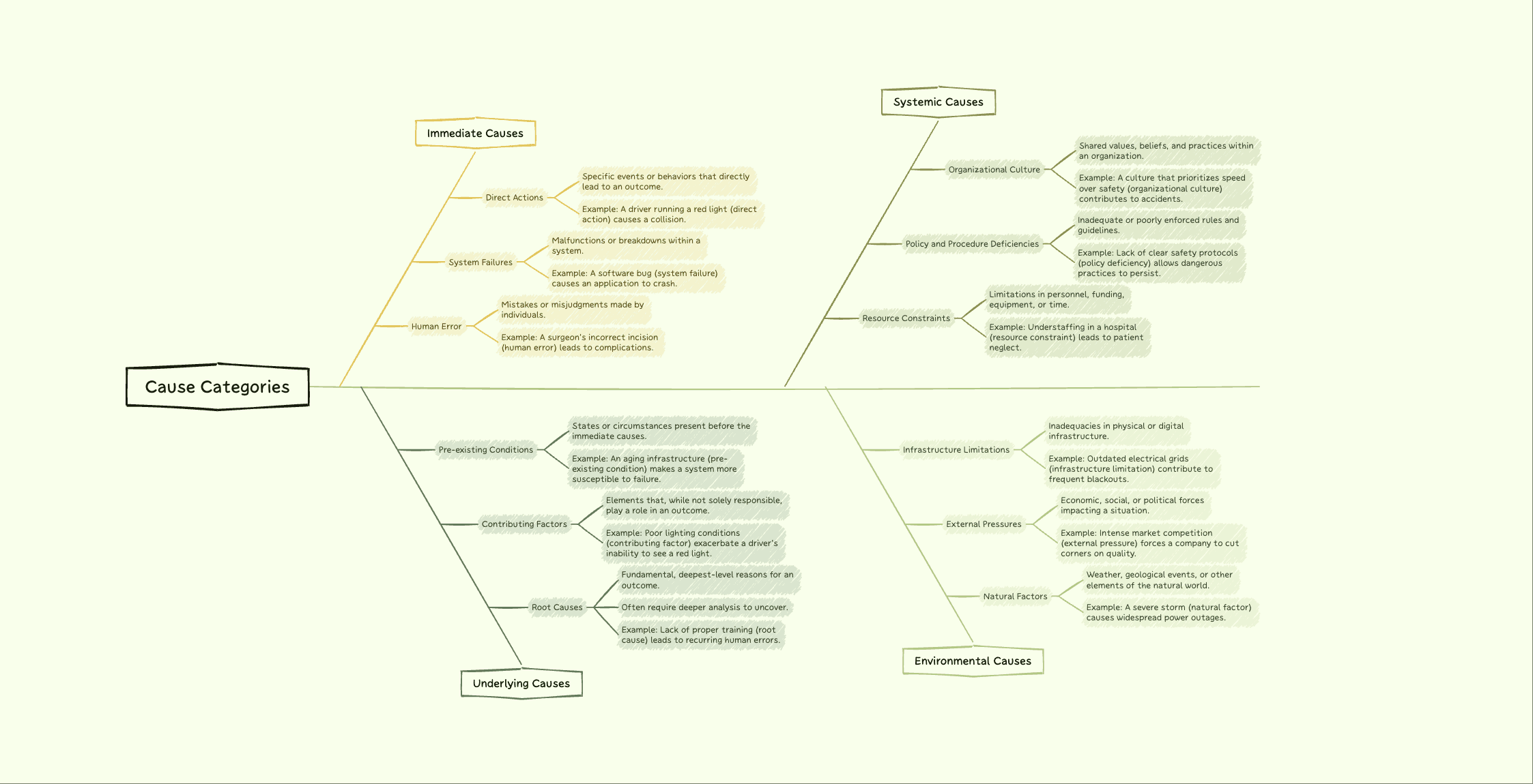 Cause categories and sub-causes laid out across a detailed fishbone diagram on a light green canvas