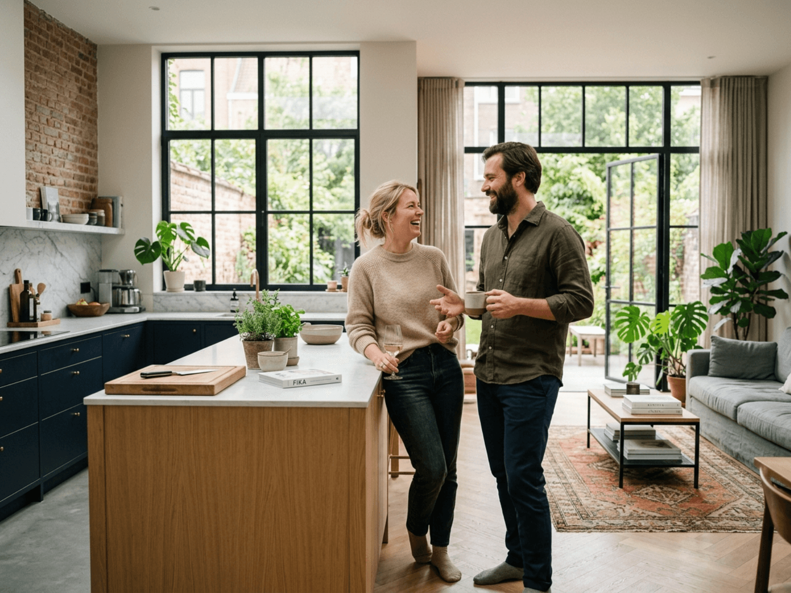 Couple de propriétaires satisfaits dans un intérieur rénové