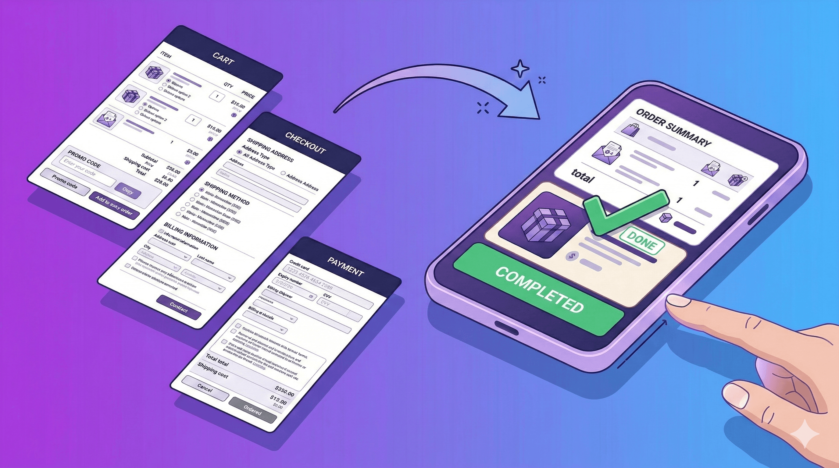 An exploded/deconstructed view of an email template, with each section floating separately and slightly apart — hero banner at top, order summary block, shipping info block, upsell product card, edit order CTA button, and footer. Each section has a subtle purple glow outline. Labels are represented by small abstract icons (not text). Dark gradient background with sections floating in 3D space. Modern, editorial illustration style. 16:9 aspect ratio.