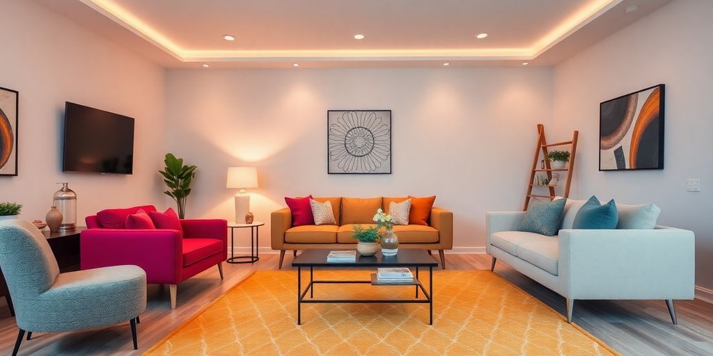 Staged living room with modern furniture and decor.