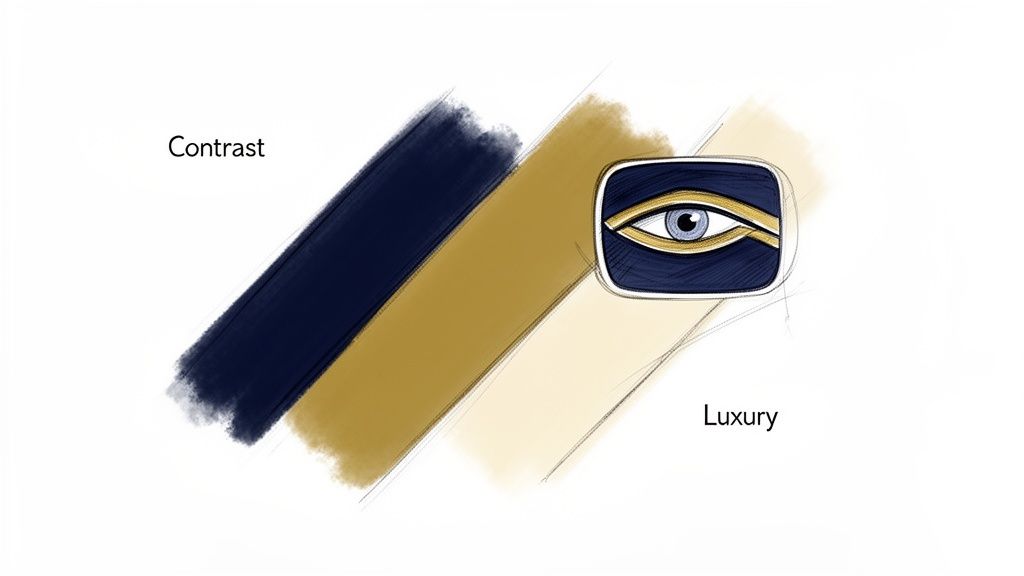 Illustration showing color swatches (navy, gold, cream) with an eye icon, representing 'Contrast' and 'Luxury' design concepts.
