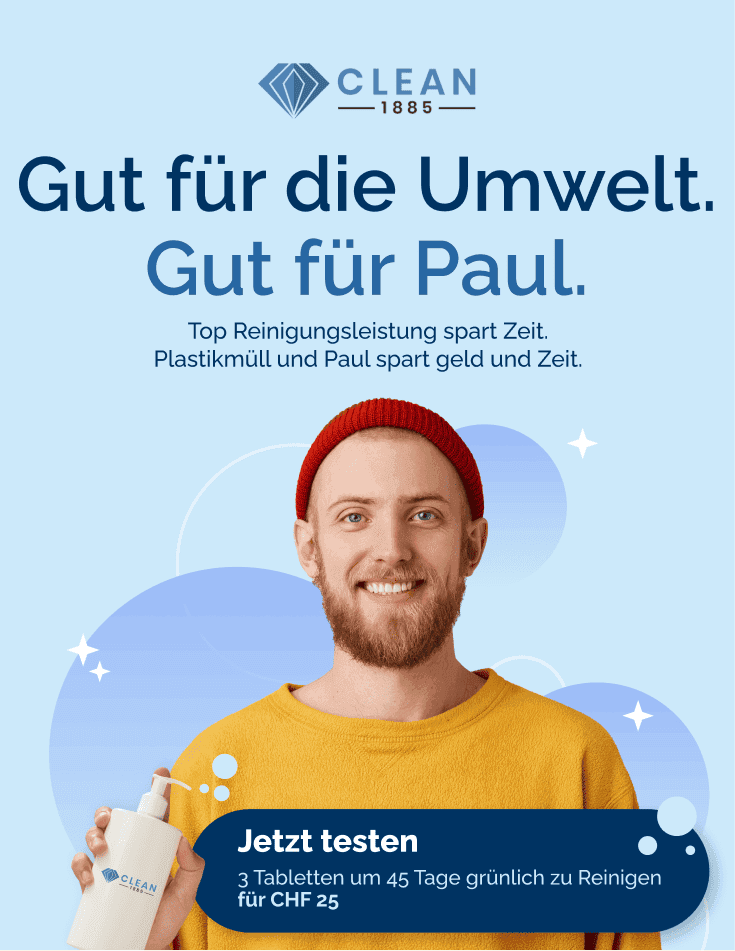 Clean 1885 ad featuring a smiling man in a yellow sweater and red beanie holding a product, with headline "Gut für die Umwelt. Gut für Paul." and a call to action on a light blue background