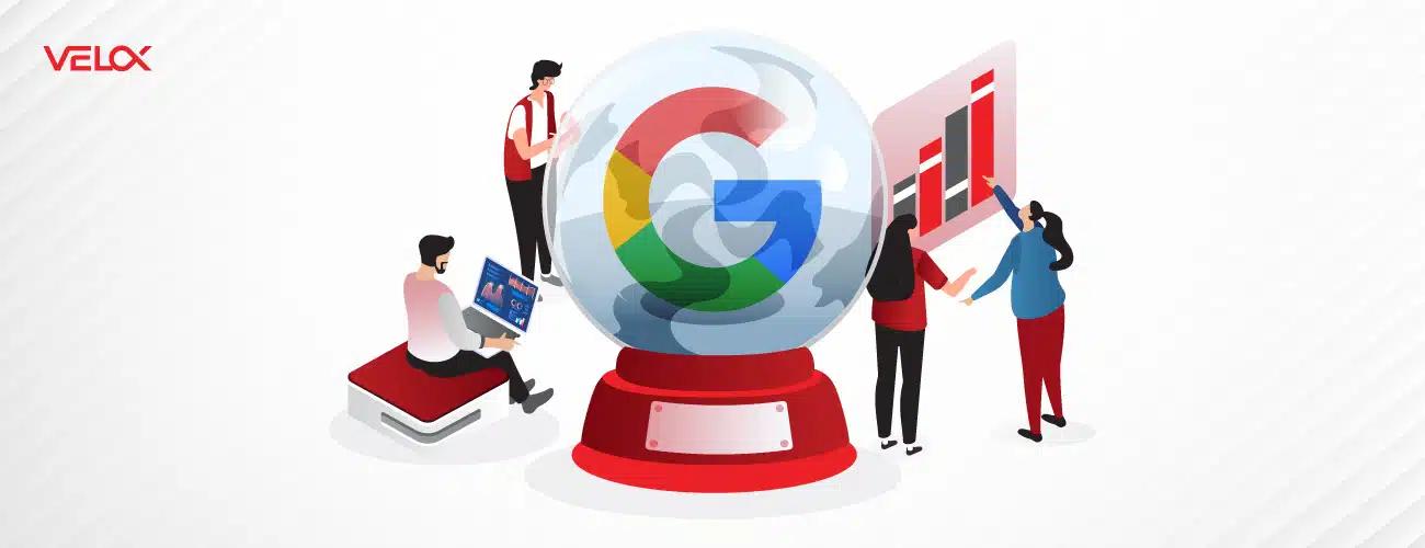 A graphic displaying a snow globe with the Google logo inside surrounded by professionals working on computers