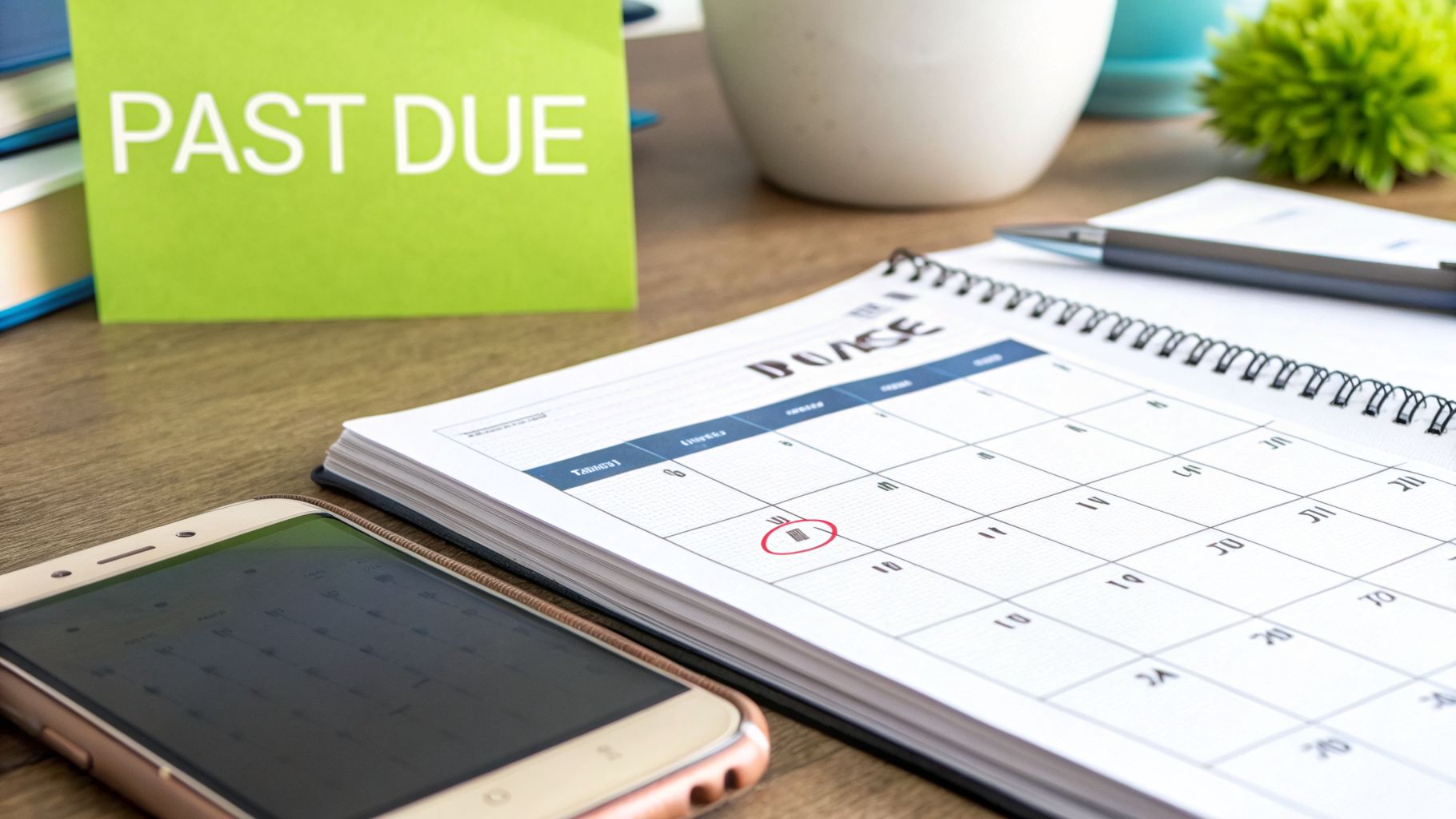 A 'PAST DUE' sign on a desk with a calendar, phone, and pen, indicating financial urgency.