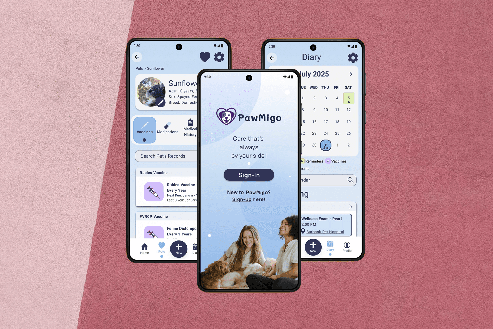 Preview of 3 screens from the app on a pink background. The screens are the splash screen, a pet profile, and a calendar page
