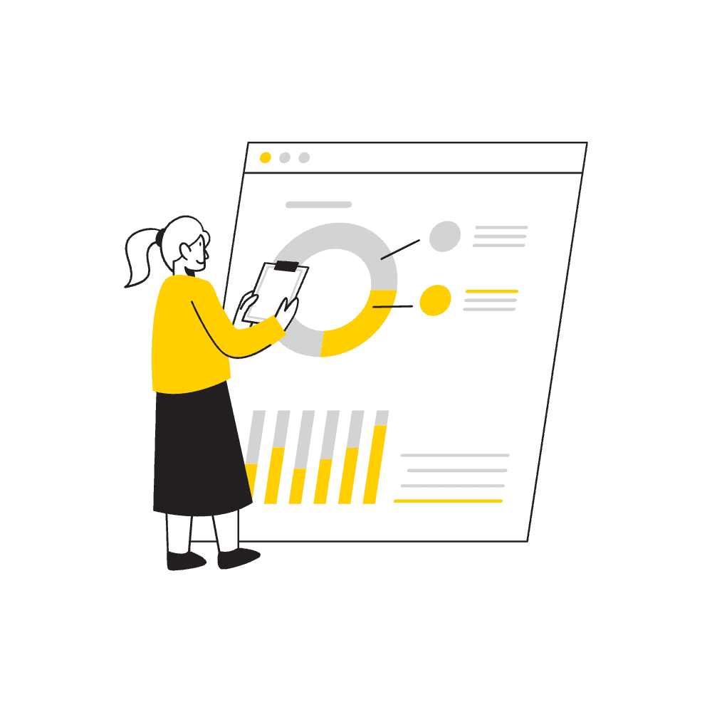 Illustration d’une consultante analysant des graphiques pour cadrer les objectifs et choisir les modules HubSpot adaptés à la croissance d’une PME