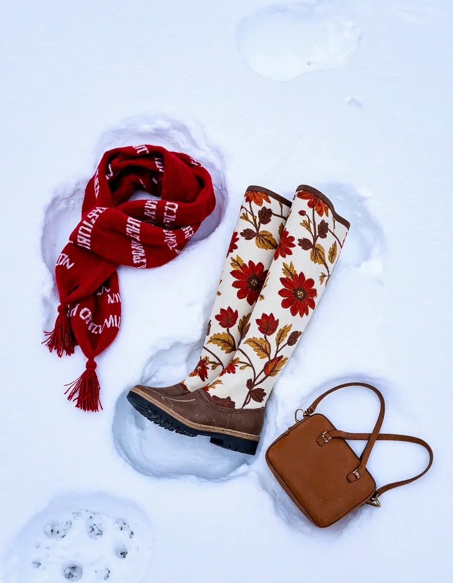 Stylish winter accessories arranged in snow: floral patterned boots, bright red scarf with tassels, and small brown leather handbag
