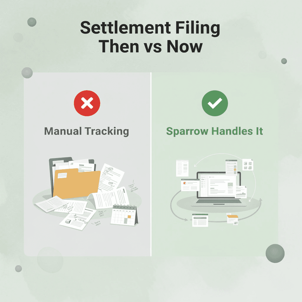 Before and after infographic comparing manual settlement tracking to using Sparrow