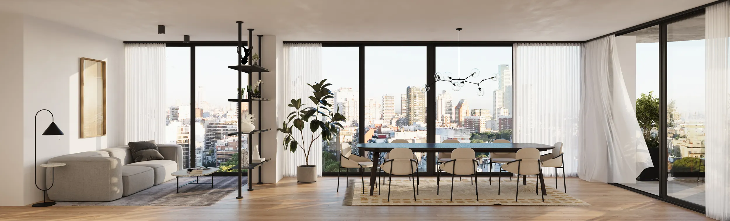Living comedor moderno con ventanales de piso a techo, zona de comedor y sala de estar con plantas