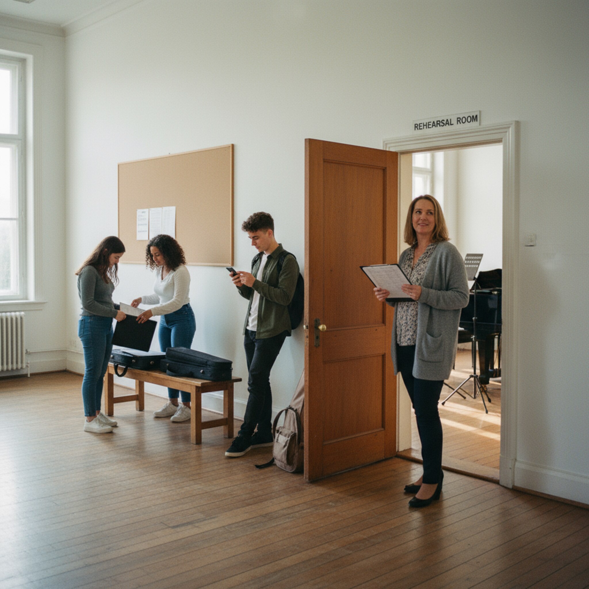 Vor einem Kurs begrüßt eine Dozentin ihre Gruppe im Flur, eine ausgedruckte Teilnehmerliste auf einem Klemmbrett. Schüler sortieren Noten und stellen Instrumente ab. Stimmen klingen gedämpft, die Tür zum Raum steht offen. Es wirkt strukturiert, Ankommen gelingt ohne Hektik.