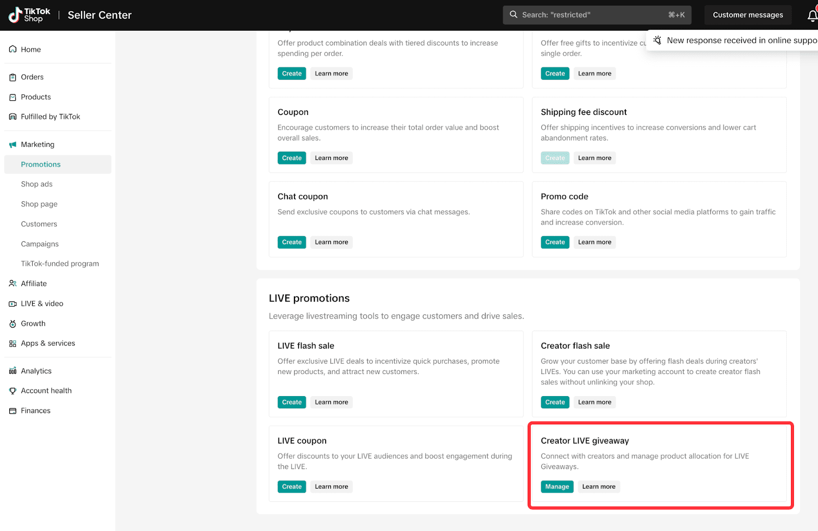 TikTok Seller Center Promotions tab showing the Create LIVE Giveaway option.