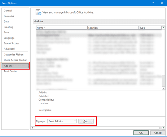 Excel add-in options.