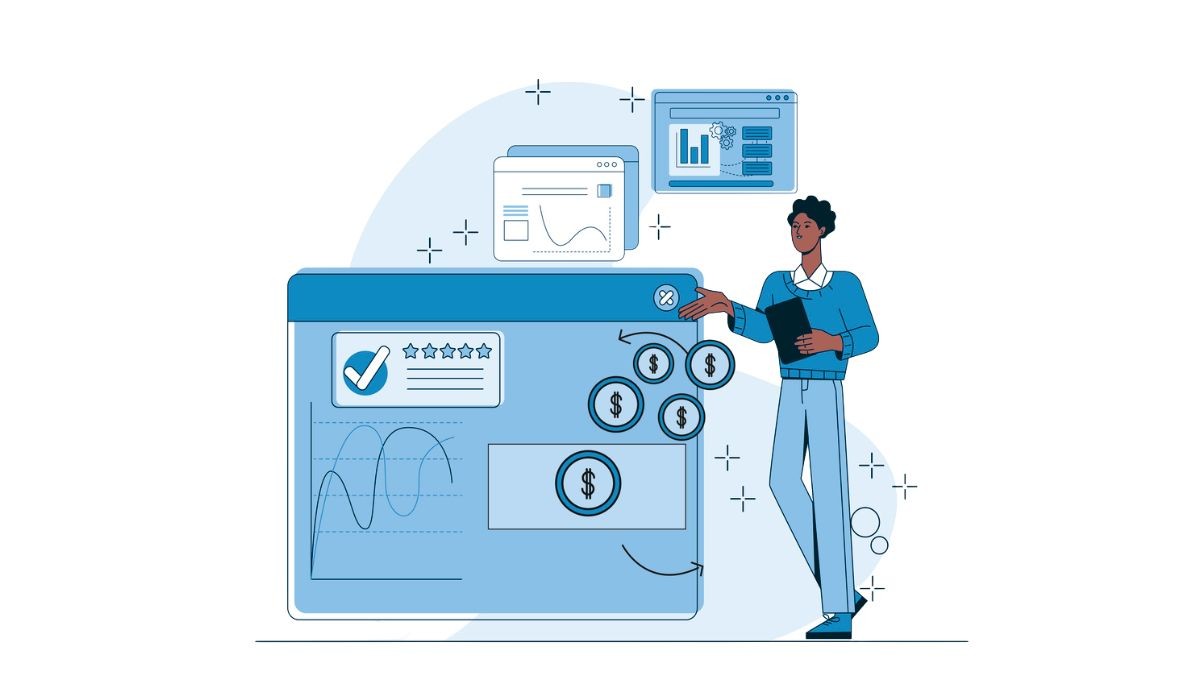 Illustration of a person reviewing digital financial dashboards with charts, dollar symbols, and performance metrics, representing annual recurring revenue analysis.