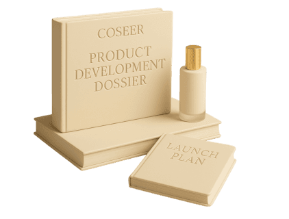 Golden serum droplet captured mid-impact in a glass dish beside a sleek dropper, visually expressing formulation precision with overlaid messaging: 'From Concept to Compliance', 'Formulation Intelligence', and 'Strategic by Design'.