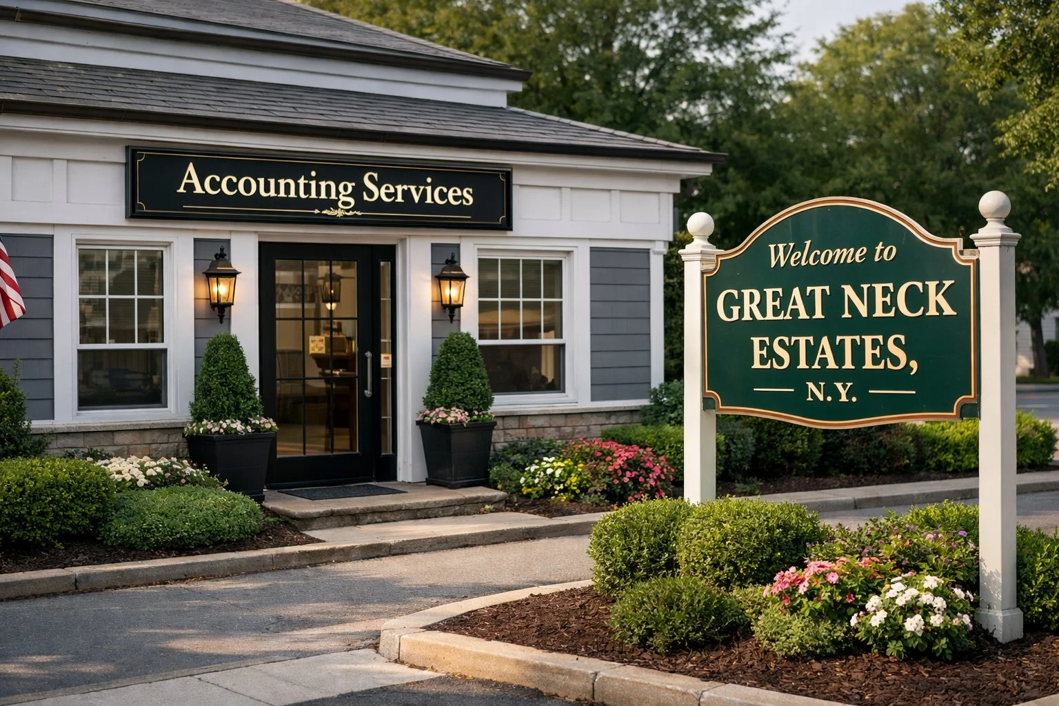 Exterior of a small, elegant accounting firm with an “Accounting Services” sign, neat landscaping, and a street sign for Great Neck Estates, NY.