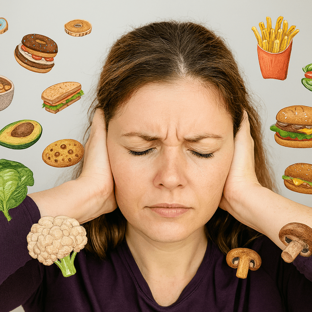 a woman covering her ears, surrounded by floating images of food like pizza, burgers, and donuts, representing the concept of food noise.