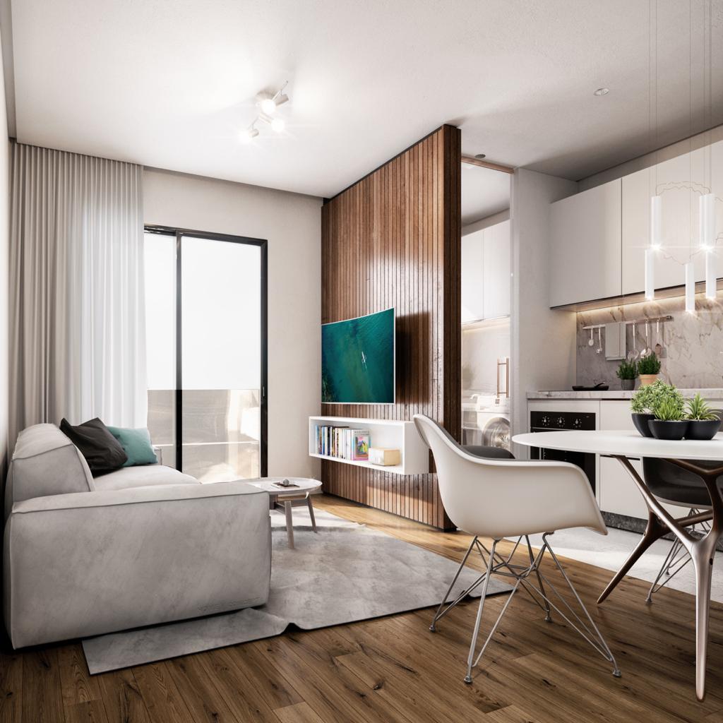 Sala de estar com cozinha Soul residencial