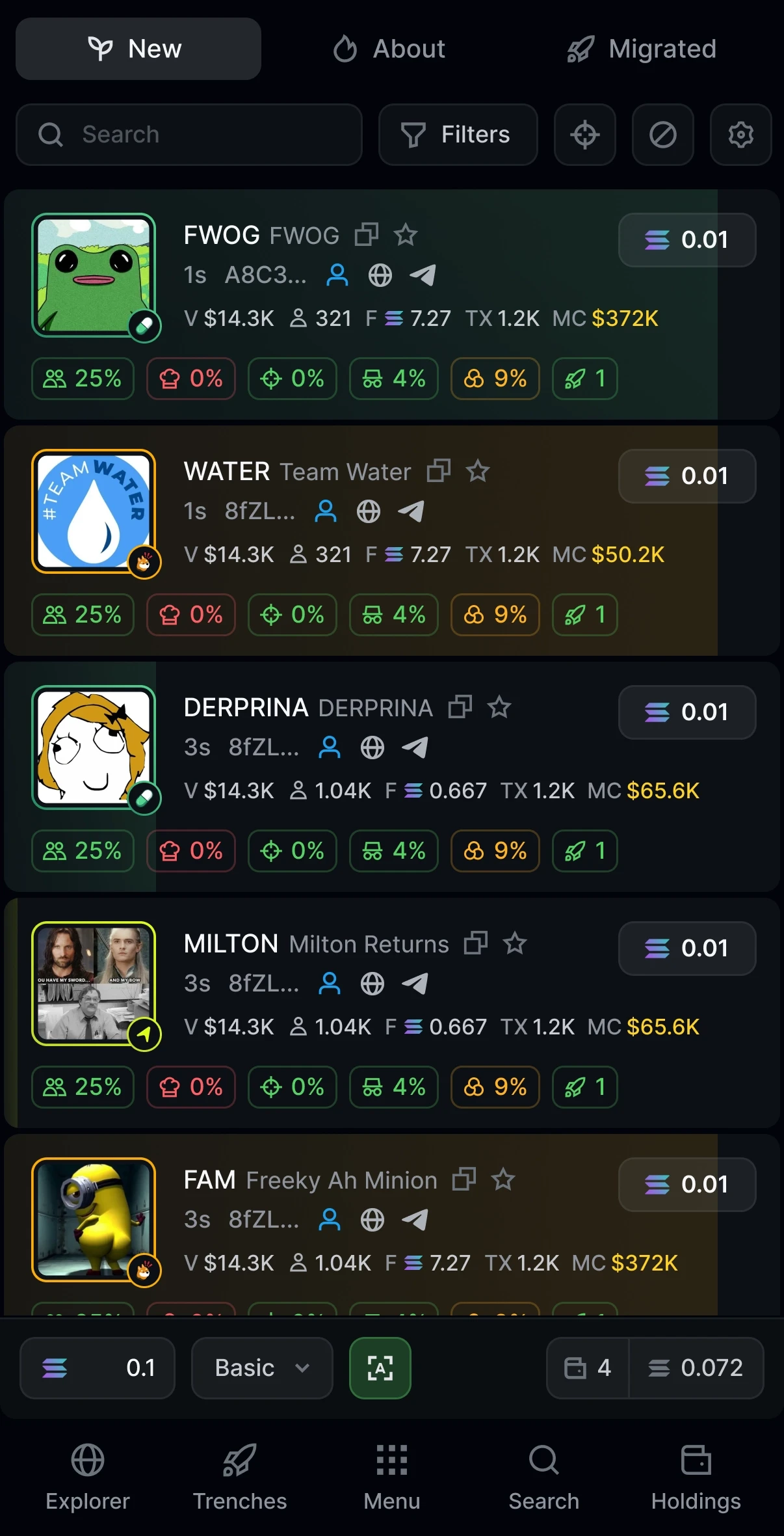 Trojan Terminal OEX Trenches Page New Token Launches Mobile