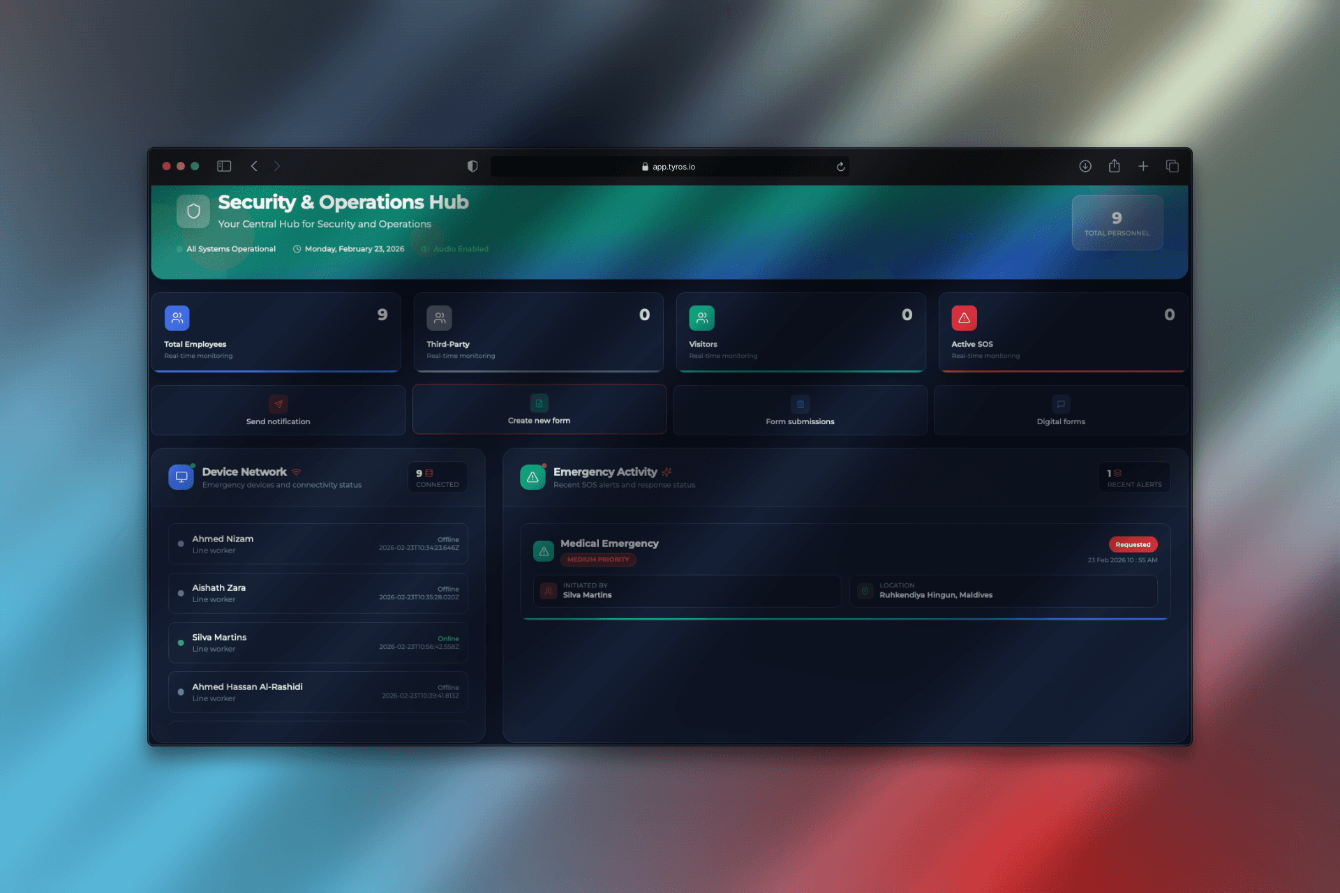 Tyros® web portal main dashboard displaying incident overview, SOS alerts, analytics, and operational monitoring panels